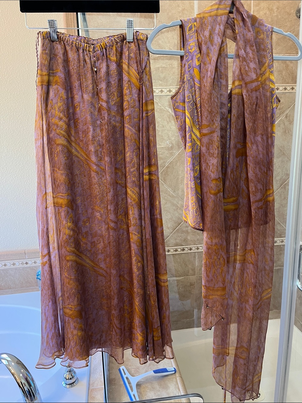 Women's Sheer Printed Maxi Skirt — Mauve and Mustard